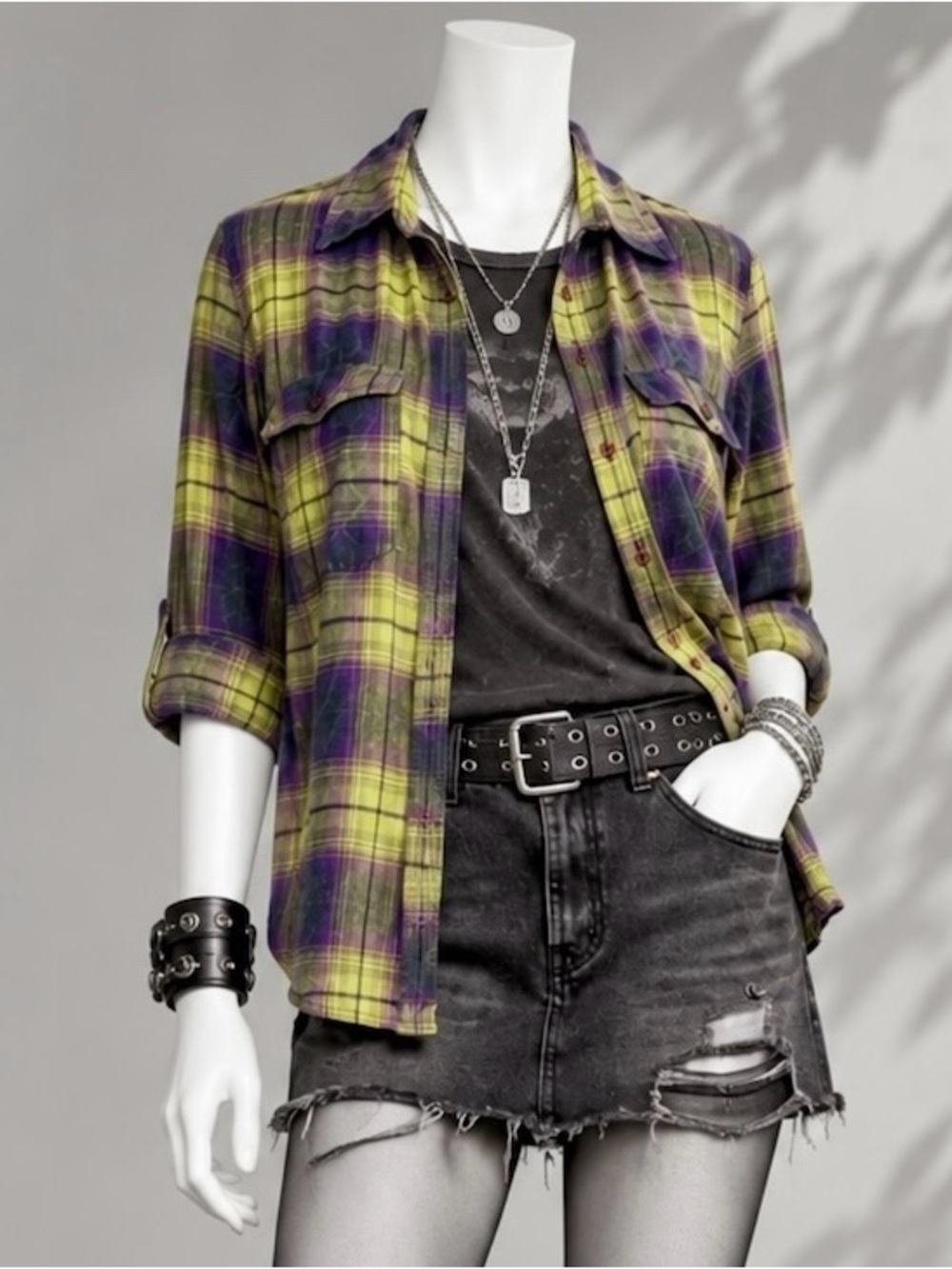 Fashion Bug Plaid Button Shirt Women's S Green Purple Cotton Grunge Indie Boho